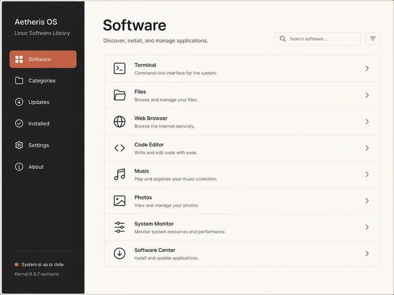 Aetheris OS software library concept with an orderly application list