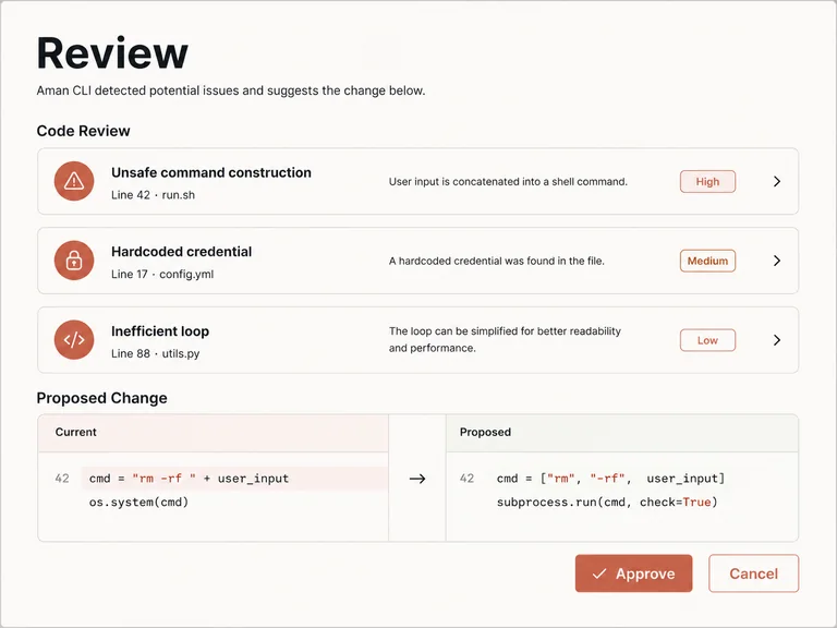 Aman CLI review concept with proposed changes and approval controls