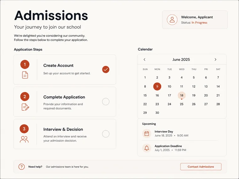 School admissions concept with process steps and a calendar