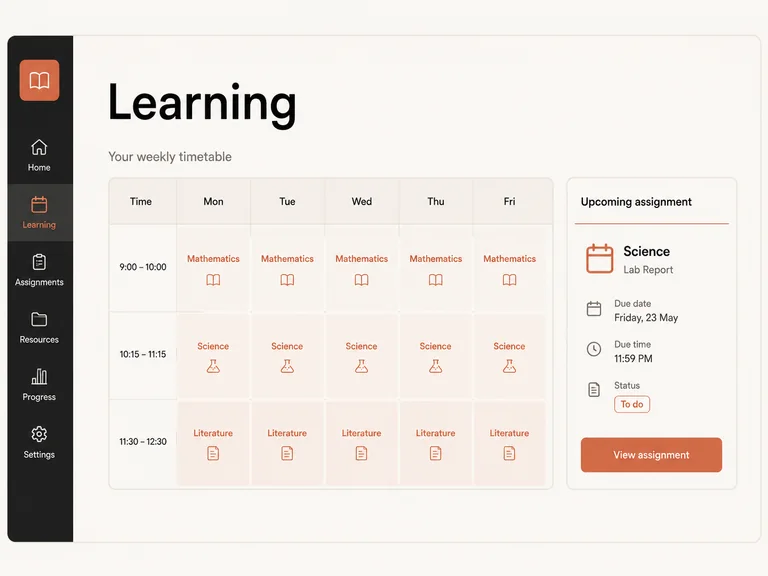 School learning portal concept with timetable, subjects, and assignments