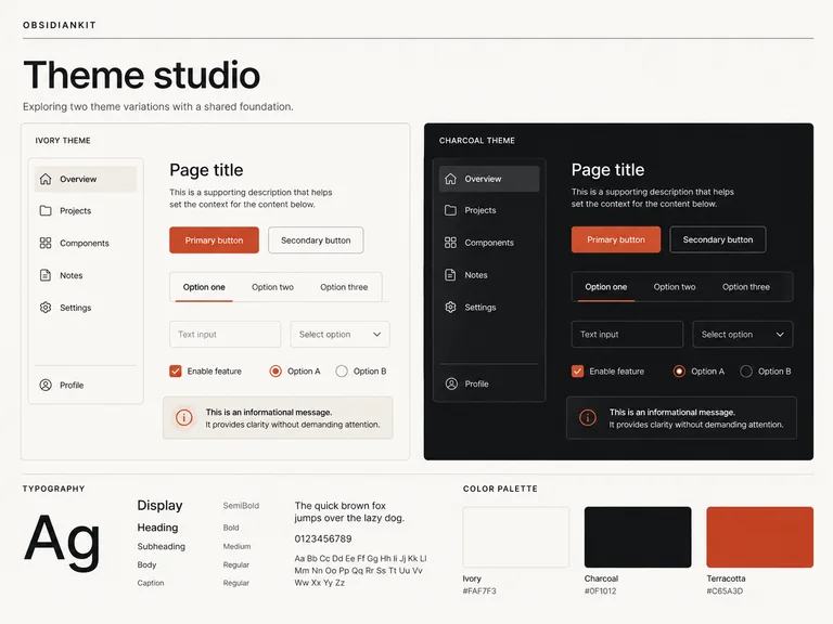 ObsidianKit theme studio concept showing ivory and charcoal component states