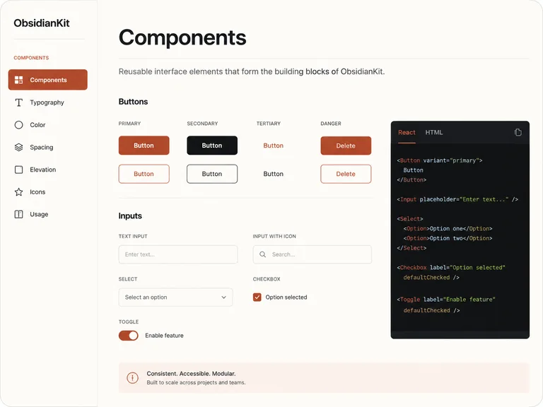 ObsidianKit component documentation concept with navigation, buttons, and a code panel