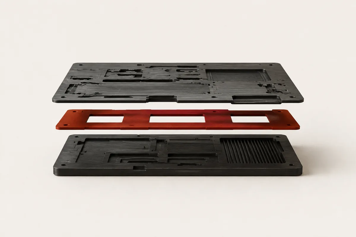 Layered graphite computing plates — Aetheris OS cover artwork