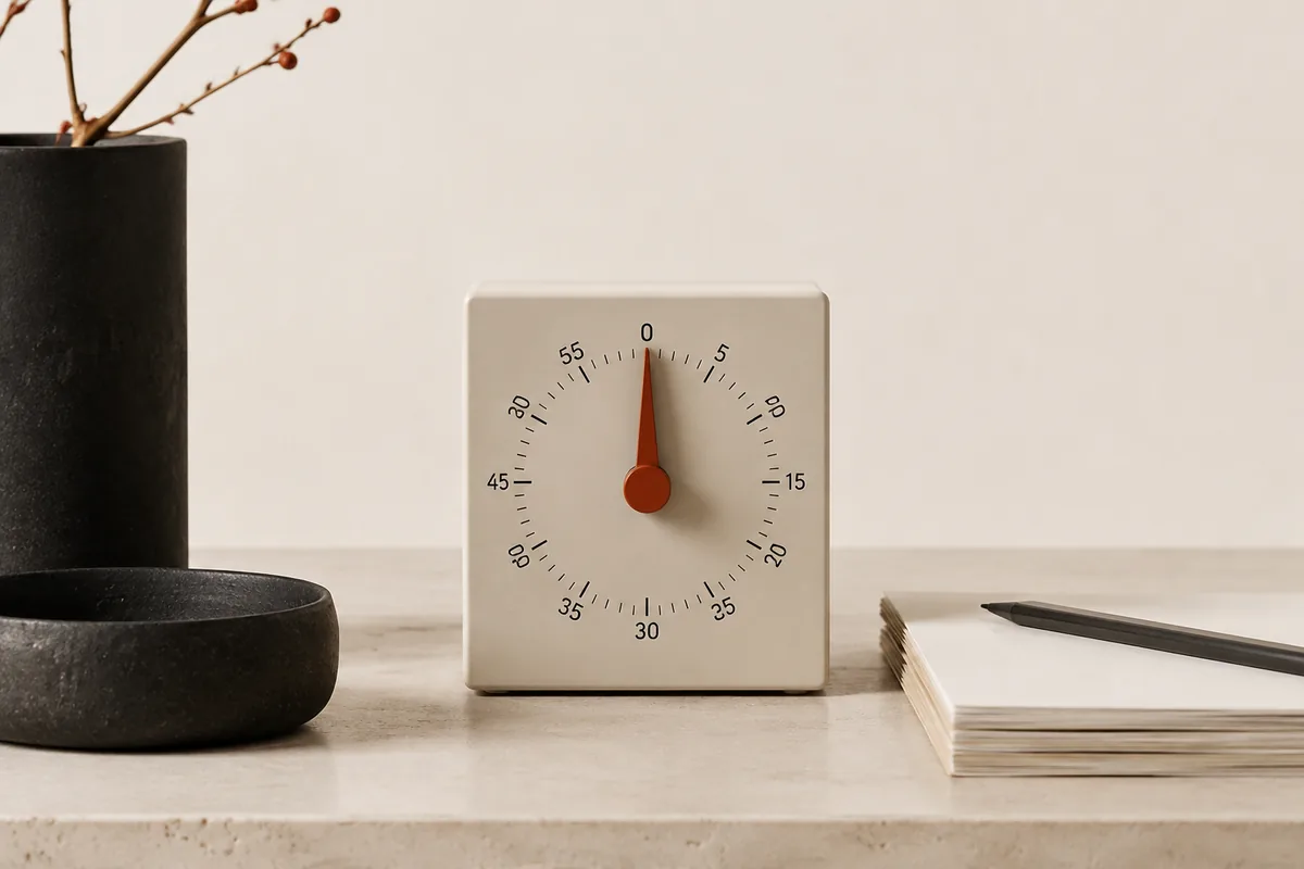 Ivory focus timer and paper notebook — Momentum cover artwork