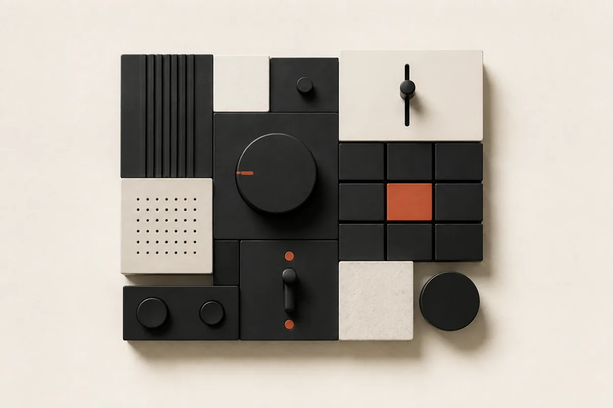 Modular ivory and charcoal components with a terracotta tile — ObsidianKit cover artwork