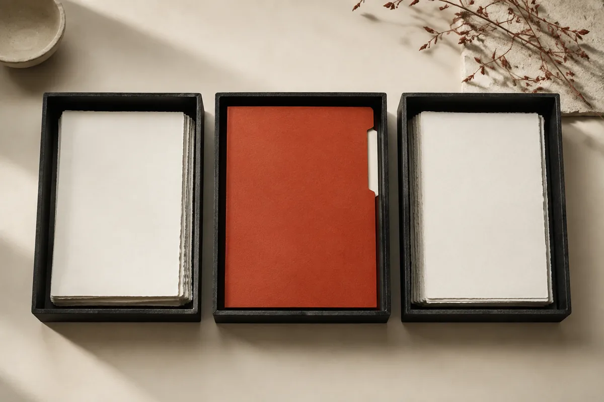 Organised document trays and a terracotta folder — Sweepr cover artwork