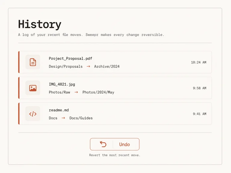 Sweepr history concept with file moves and an undo control