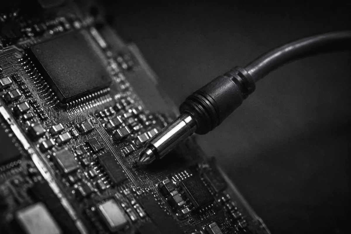 Grainy black-and-white close-up of a circuit board and signal connector