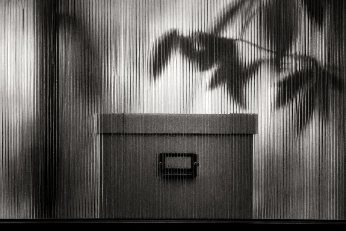 Archive box behind ribbed glass, photographed in grainy black and white